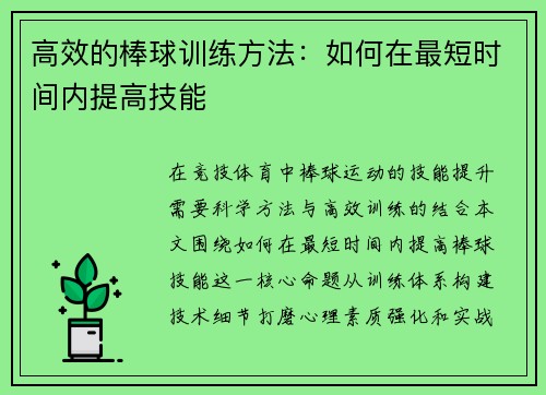 高效的棒球训练方法：如何在最短时间内提高技能