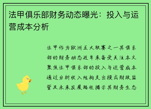法甲俱乐部财务动态曝光：投入与运营成本分析