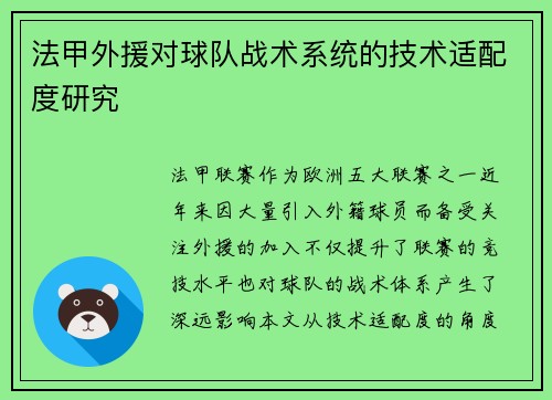 法甲外援对球队战术系统的技术适配度研究